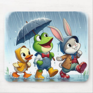 Cute duck, frog, bunny in the rain mouse mat
