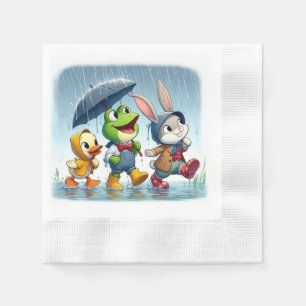 Cute duck, frog, bunny in the rain napkin