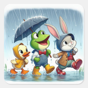 Cute duck, frog, bunny in the rain square sticker