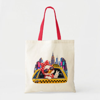 Cute Duck Girl in New York Taxi Travel Sticker Tote Bag