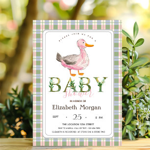 Cute Duck Green Pink Plaid Baby Shower Invitation