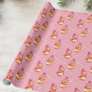 Cute Duck in Pink and Snowflake Wrapping Paper