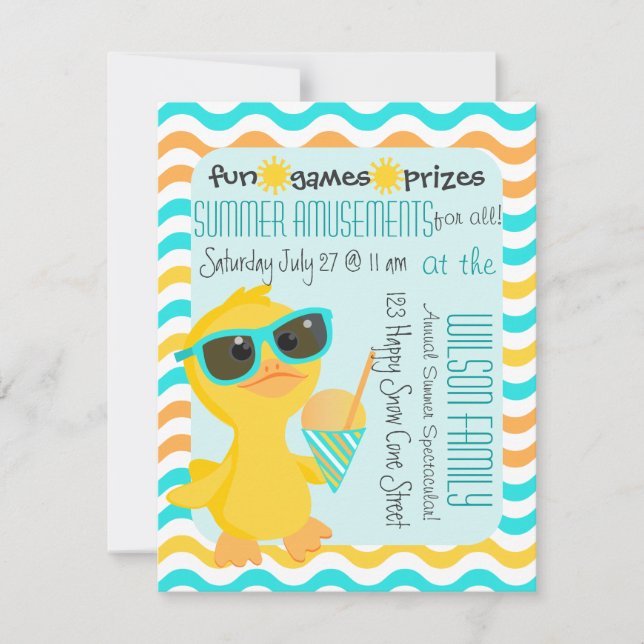 Cute Duck in Sunglasses Holding a Sonw-Cone Invitation (Front)