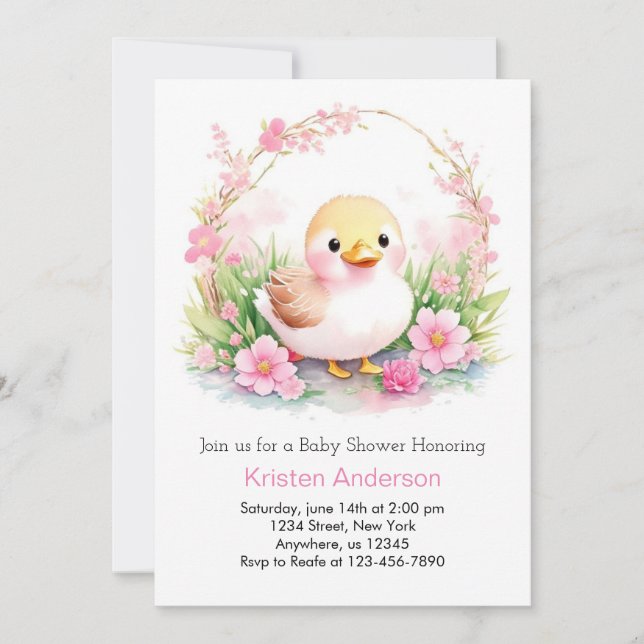 Cute Duck Meadow Pink Floral Girl Baby Shower Invitation (Front)
