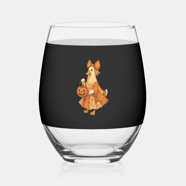 Cute Duck Patchwork Halloween Party Stemless Wine Glass (Front)