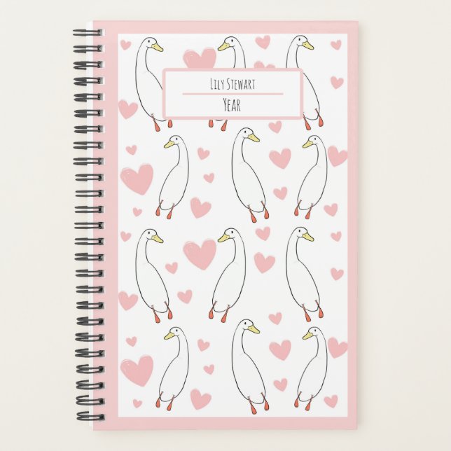 Cute Duck Pink Heart Personalise Planner (Front)