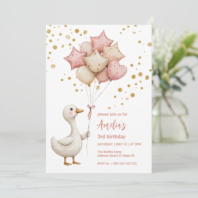 Cute Duck With Balloons Kid's Birthday Invitation  (Standing Front)