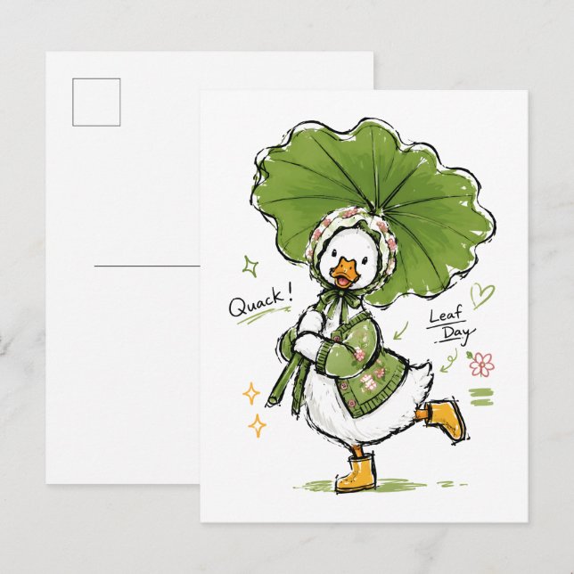 Cute Duck with Leaf Umbrella & Floral Bonnet  Postcard (Front/Back)