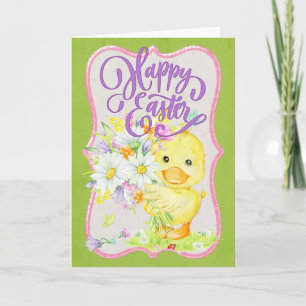 Cute Duck with Spring Flowers - Happy Easter Holiday Card