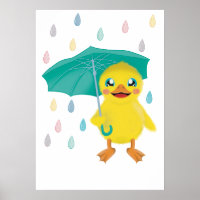 Cute Duck With Umbrella In Rainbow Rain 