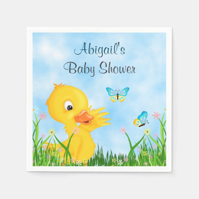 Cute Duckling and Butterflies Boy Baby Shower Napkin (Front)