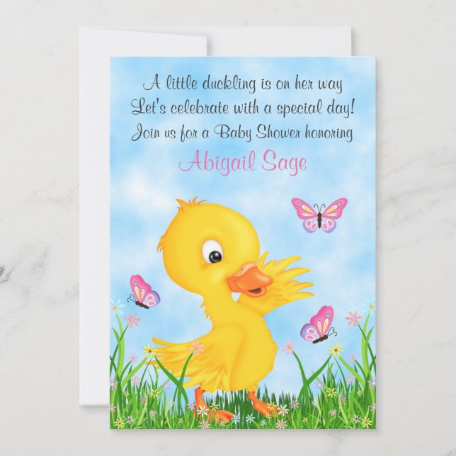 Cute Duckling and Butterflies Girl Baby Shower Invitation (Front)