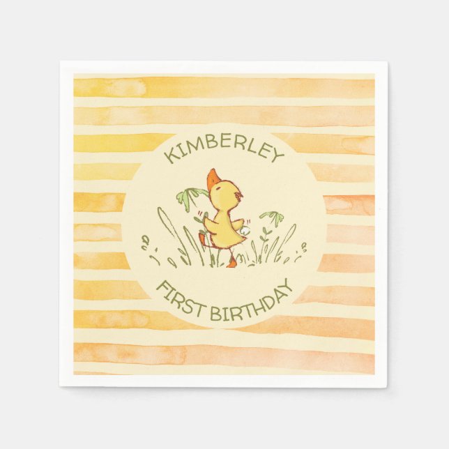 Cute Duckling First Birthday Party Napkin (Front)