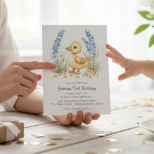 Cute Duckling Garden First Birthday QR Code Invitation