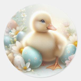 Cute Duckling with Easter Eggs and Spring Flowers Classic Round Sticker