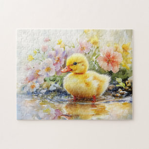 Cute Duckling with Flowers Watercolor Jigsaw Puzzle