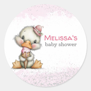 Cute Duckling with Pink Ice Cream Girl Baby Shower Classic Round Sticker