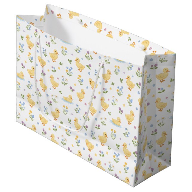 Cute Ducklings and Wildflowers Pattern Large Gift Bag (Front Angled)