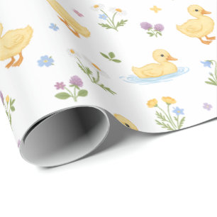 Cute Ducklings and Wildflowers Pattern Wrapping Paper