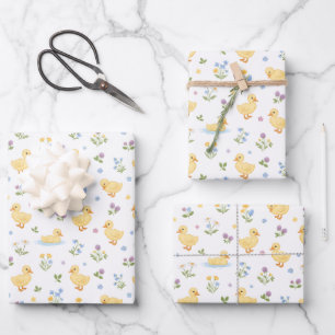 Cute Ducklings and Wildflowers Pattern Wrapping Paper Sheet