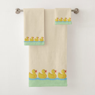 Cute Ducklings on Sand Beige and Light Green Bath Towel Set