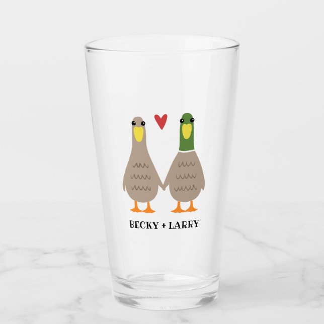 Cute Ducks Couple Holdindg Hands Personalised Glass (Front)