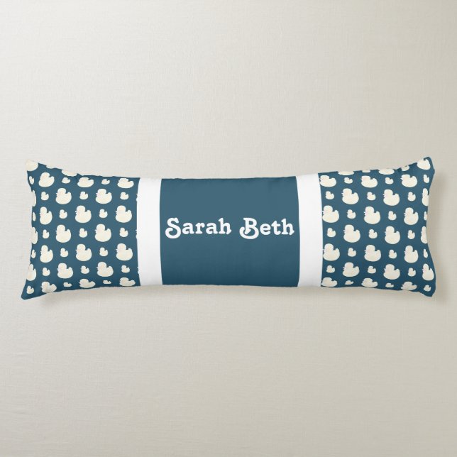 Cute Ducks, Slate Blue & White, Add your name Body Cushion (Front)