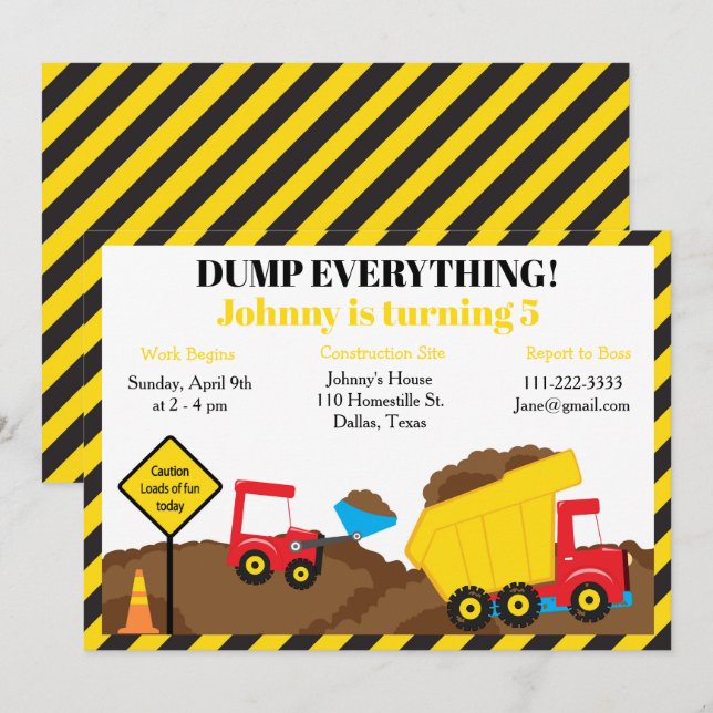 Cute Dump Truck and Digger Birthday Party Invitation (Front/Back)