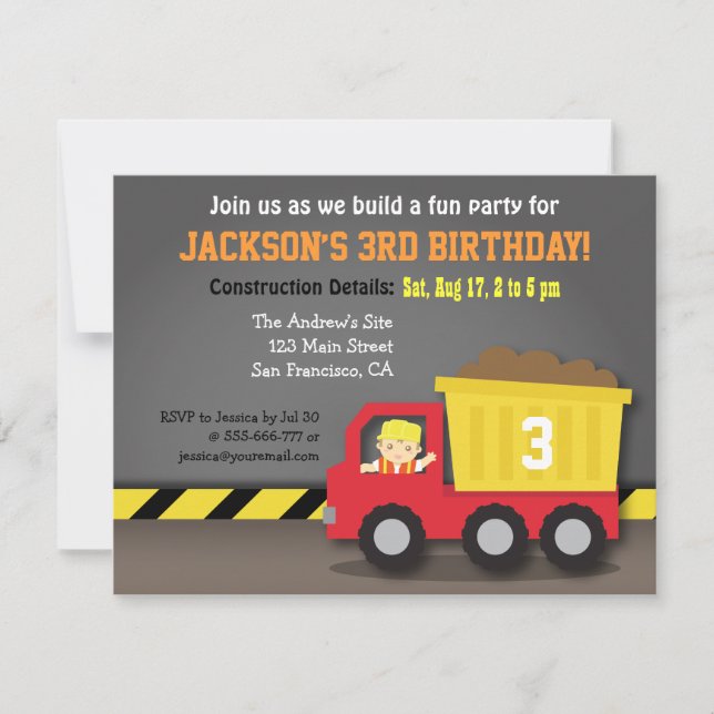 Cute Dump Truck Construction Theme Birthday Party Invitation (Front)