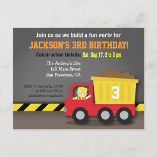 Cute Dump Truck Construction Theme Birthday Party Invitation