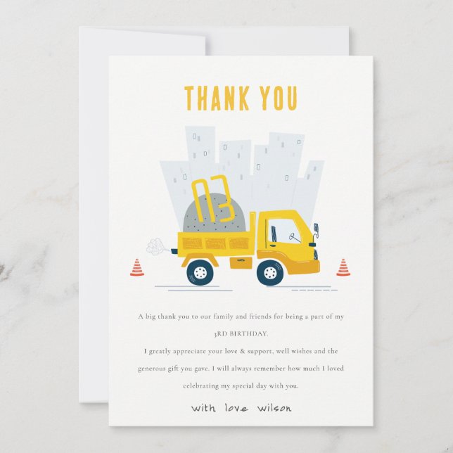 Cute Dump Truck Construction Vehicle Birthday Thank You Card (Front)