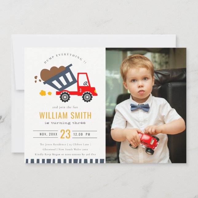 Cute Dump Truck Kids Photo Any Age Birthday Invite (Front)