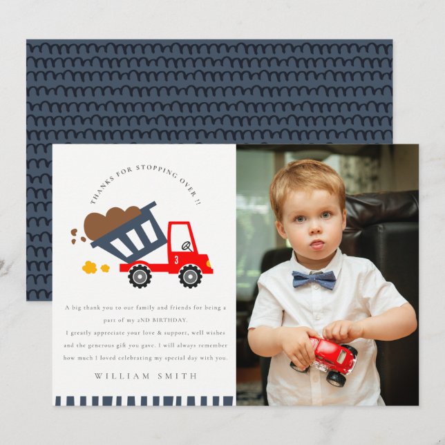 Cute Dump Truck Rescue Kids Photo Any Age Birthday Thank You Card (Front/Back)