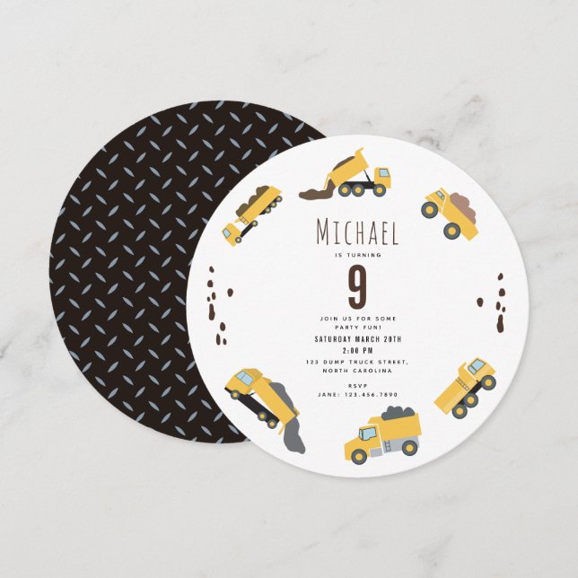Cute Dump Trucks Construction Cicle Birthday Invitation (Front/Back)