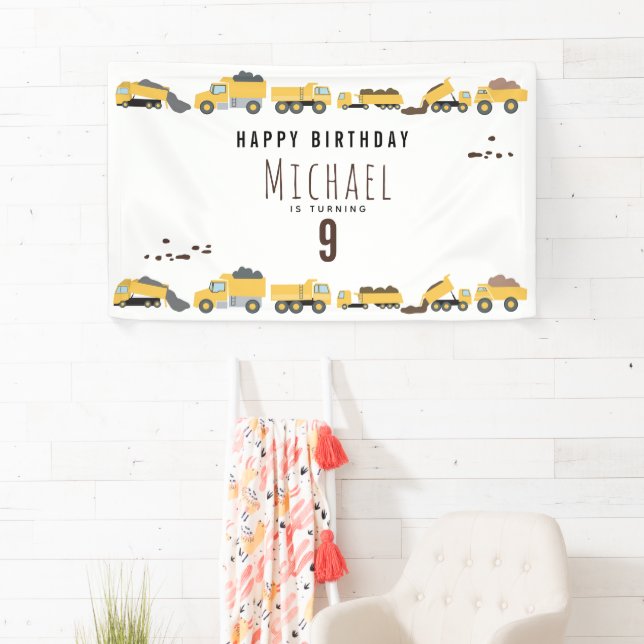Cute Dump Trucks Construction Trucks Birthday Banner (Insitu)