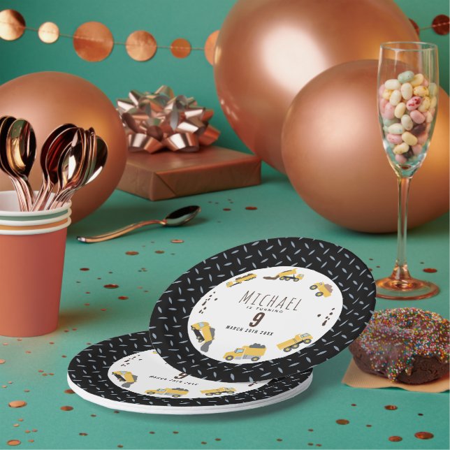 Cute Dump Trucks Construction Trucks Birthday Paper Plate (Multi)