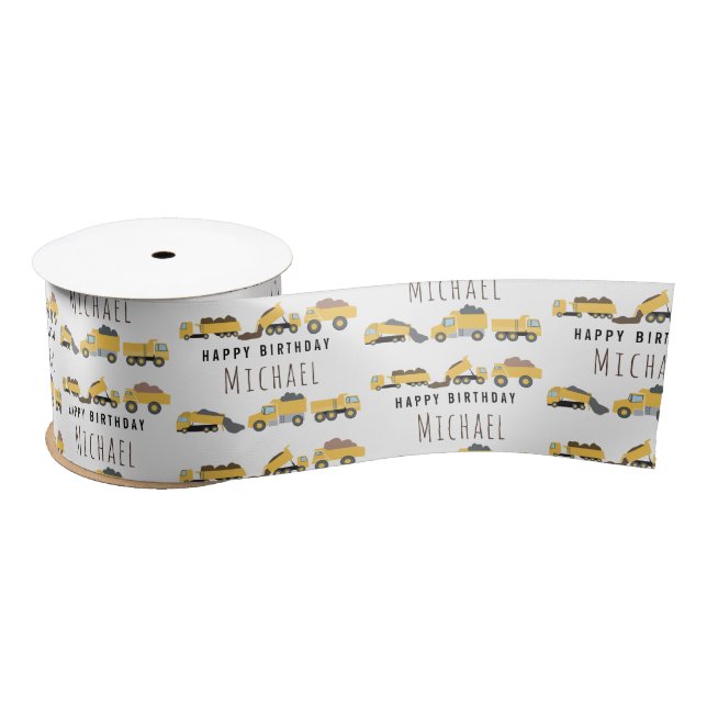 Cute Dump Trucks Construction Trucks Custom Name Satin Ribbon (Spool)