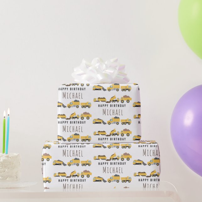 Cute Dump Trucks Construction Trucks Custom Name Wrapping Paper (Party Gifts)