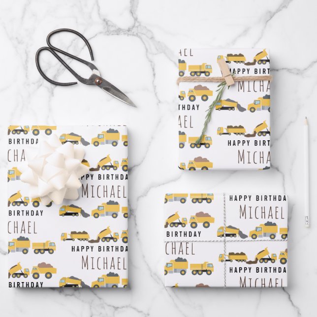 Cute Dump Trucks Construction Trucks Custom Name Wrapping Paper Sheet (Front)
