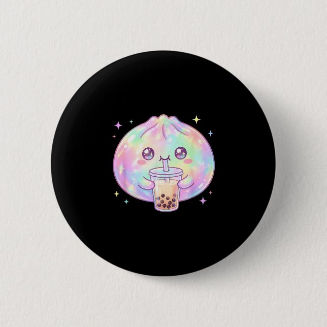 Cute dumpling drinking boba tea kawaii bubble tea 6 cm round badge (Front)