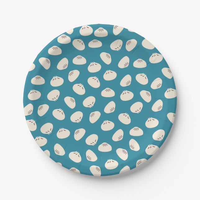 Cute Dumplings on Blue Background Paper Plates (Front)