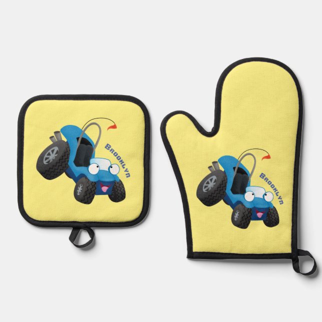 Cute dune buggy off road vehicle cartoon oven mitt & pot holder set (Front)