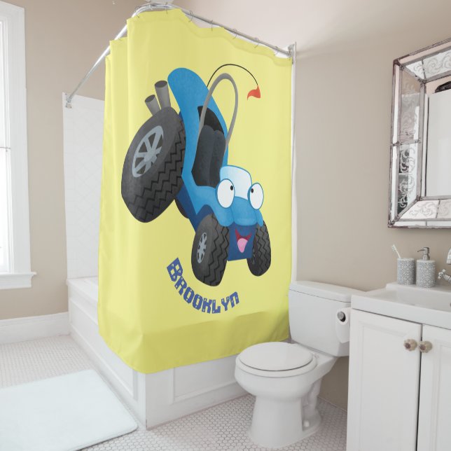 Cute dune buggy off road vehicle cartoon shower curtain (In Situ)