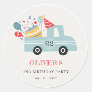 Cute Dusky Blue Any Age Birthday Party Cake Truck Classic Round Sticker