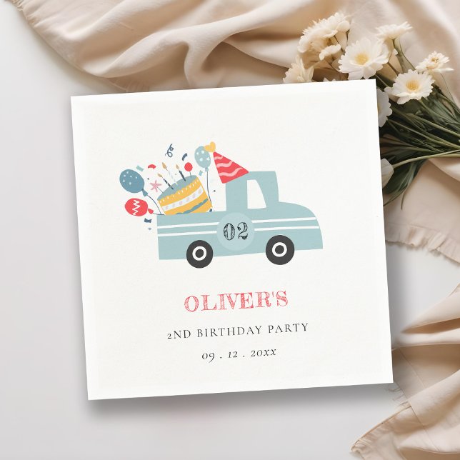 Cute Dusky Blue Any Age Birthday Party Cake Truck Napkin (Creator Uploaded)
