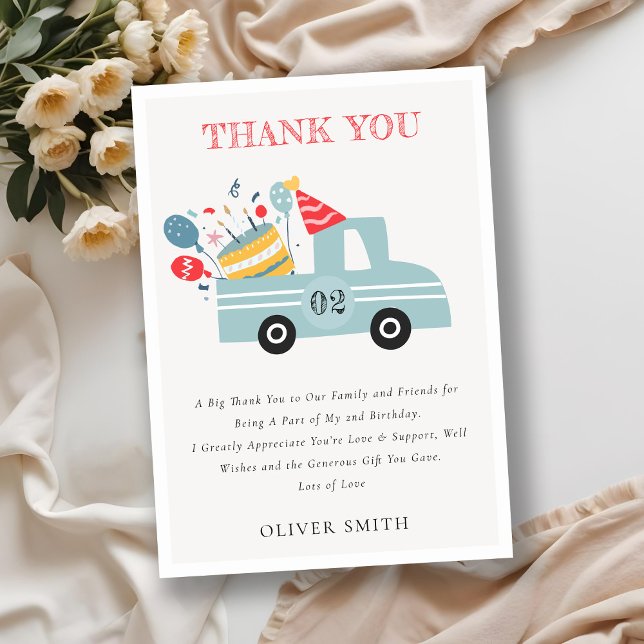 Cute Dusky Blue Any Age Birthday Party Cake Truck Thank You Card (Creator Uploaded)