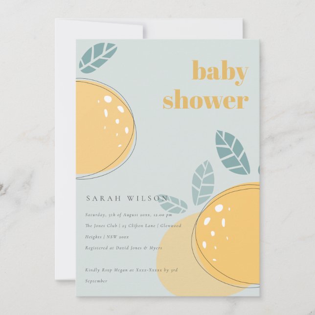 Cute Dusky Blue Lemon Fruity Bold Baby Shower Invitation (Front)