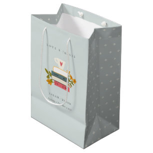 Cute Dusky Blue Stacked Storybooks Floral Wedding Medium Gift Bag