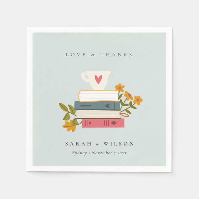 Cute Dusky Blue Stacked Storybooks Floral Wedding Napkin (Front)
