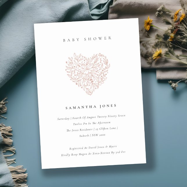 Cute Dusky Blush Floral Heart Baby Shower Invite (Creator Uploaded)